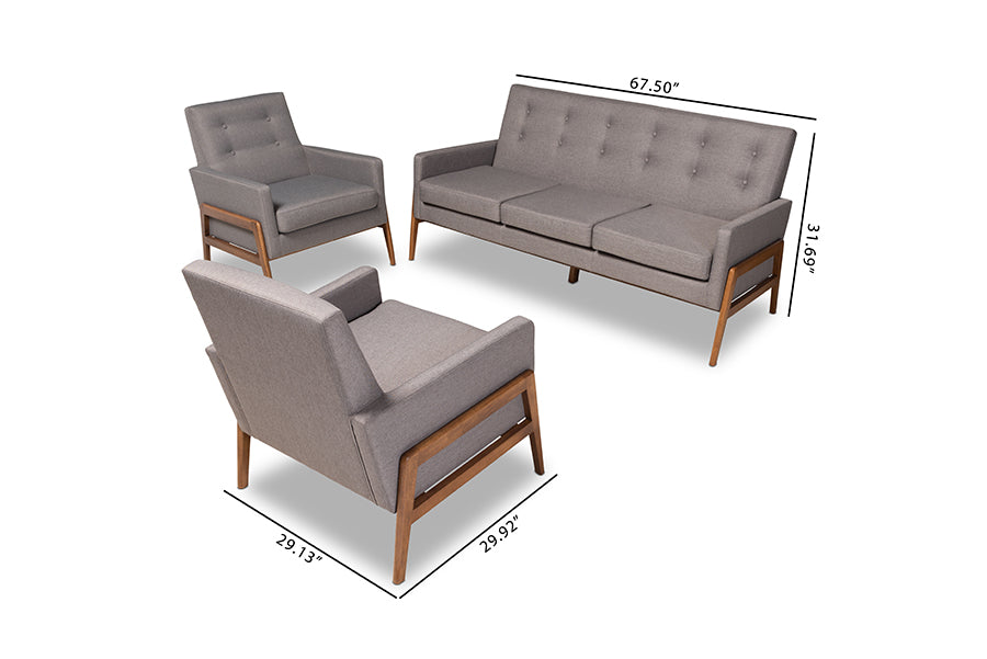 Baxton Studio Perris Mid-Century Modern Light Grey Fabric Upholstered Walnut Finished Wood 3-Piece Living Room Set