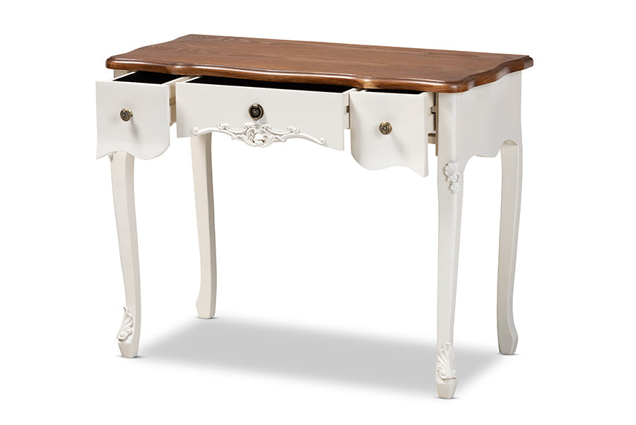 Baxton Studio Sophie Classic Traditional French Country White and Brown Finished Small 3-Drawer Wood Console Table