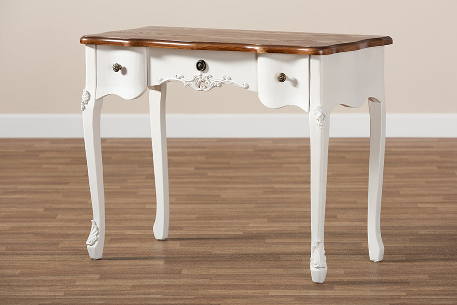 Baxton Studio Sophie Classic Traditional French Country White and Brown Finished Small 3-Drawer Wood Console Table