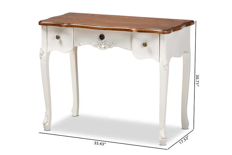 Baxton Studio Sophie Classic Traditional French Country White and Brown Finished Small 3-Drawer Wood Console Table