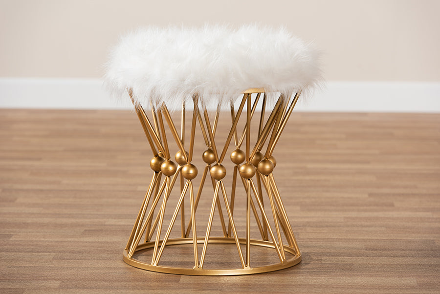Baxton Studio Leonie Glam and Luxe White Faux Fur Upholstered Gold Finished Metal Ottoman