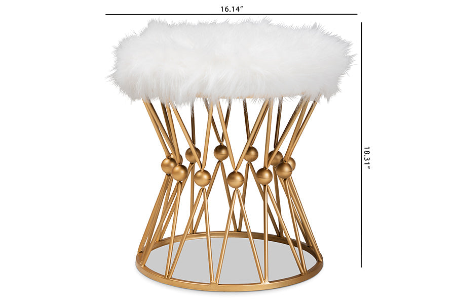Baxton Studio Leonie Glam and Luxe White Faux Fur Upholstered Gold Finished Metal Ottoman