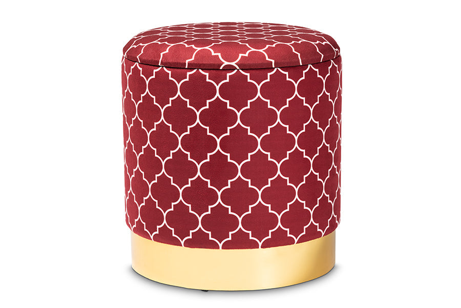 Baxton Studio Serra Glam and Luxe Red Quatrefoil Velvet Fabric Upholstered Gold Finished Metal Storage Ottoman