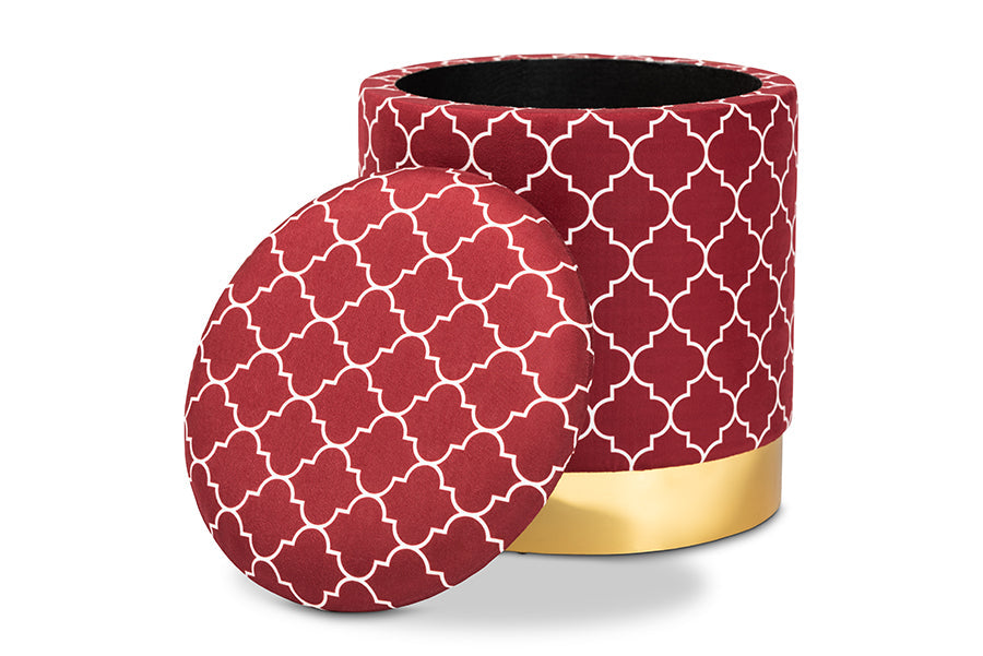 Baxton Studio Serra Glam and Luxe Red Quatrefoil Velvet Fabric Upholstered Gold Finished Metal Storage Ottoman