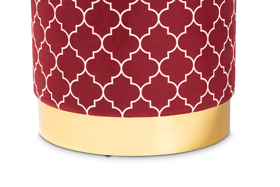 Baxton Studio Serra Glam and Luxe Red Quatrefoil Velvet Fabric Upholstered Gold Finished Metal Storage Ottoman