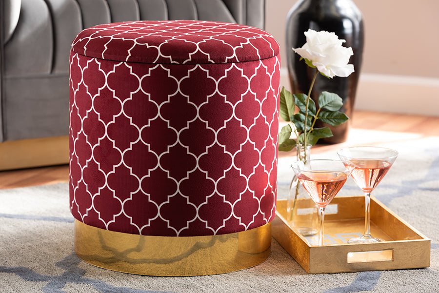 Baxton Studio Serra Glam and Luxe Red Quatrefoil Velvet Fabric Upholstered Gold Finished Metal Storage Ottoman