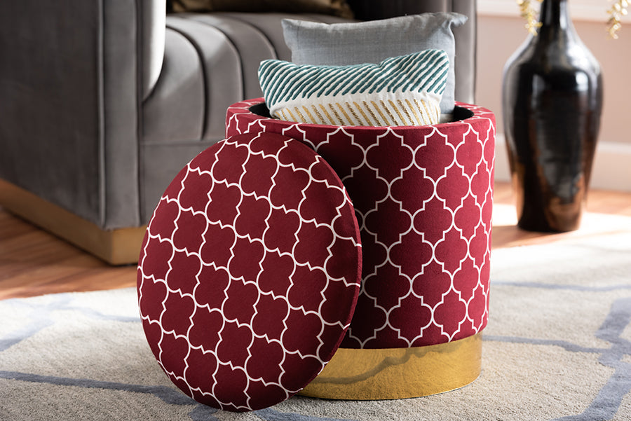 Baxton Studio Serra Glam and Luxe Red Quatrefoil Velvet Fabric Upholstered Gold Finished Metal Storage Ottoman