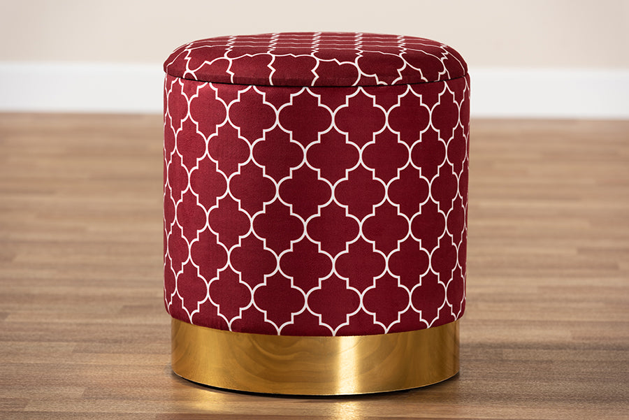 Baxton Studio Serra Glam and Luxe Red Quatrefoil Velvet Fabric Upholstered Gold Finished Metal Storage Ottoman