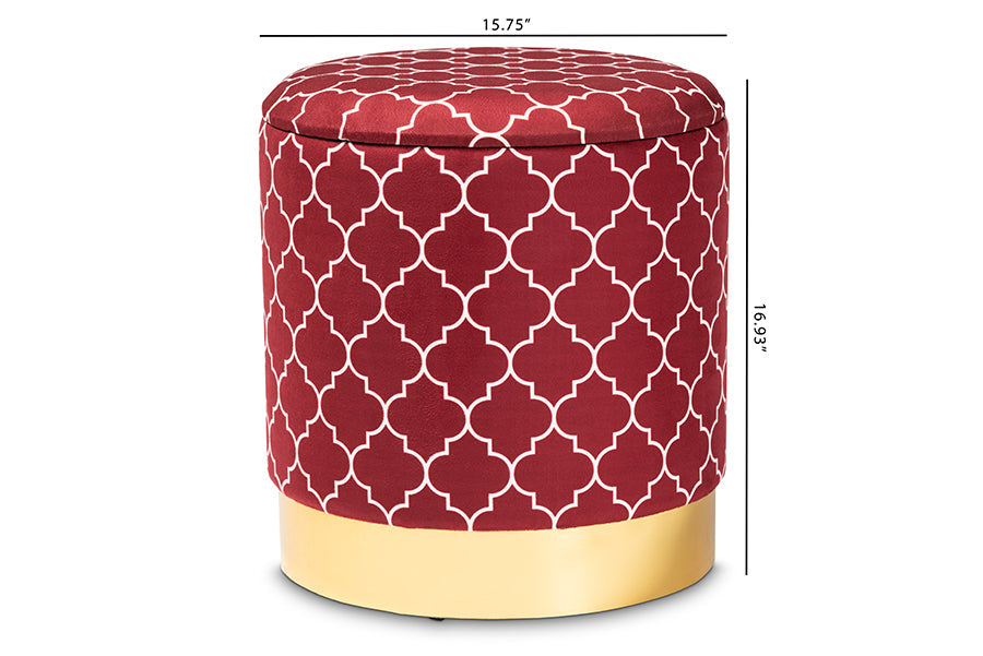 Baxton Studio Serra Glam and Luxe Red Quatrefoil Velvet Fabric Upholstered Gold Finished Metal Storage Ottoman