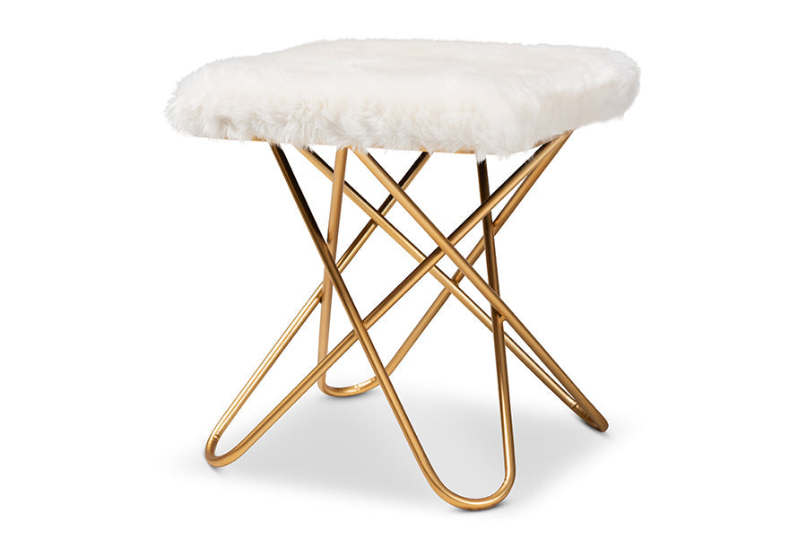 Baxton Studio Valle Glam and Luxe White Faux Fur Upholstered Gold Finished Metal Ottoman