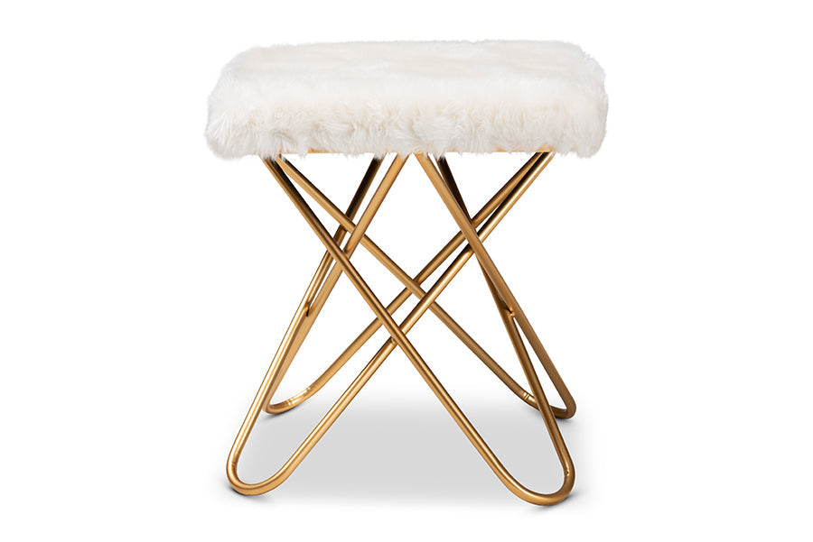 Baxton Studio Valle Glam and Luxe White Faux Fur Upholstered Gold Finished Metal Ottoman