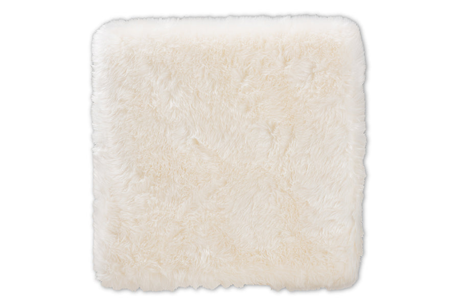Baxton Studio Valle Glam and Luxe White Faux Fur Upholstered Gold Finished Metal Ottoman