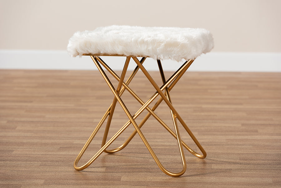 Baxton Studio Valle Glam and Luxe White Faux Fur Upholstered Gold Finished Metal Ottoman