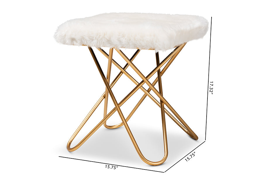 Baxton Studio Valle Glam and Luxe White Faux Fur Upholstered Gold Finished Metal Ottoman