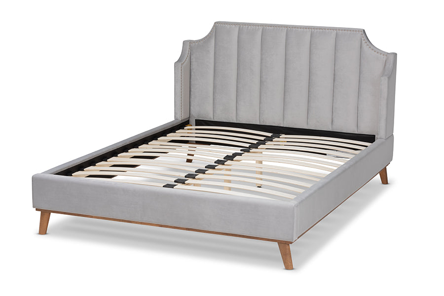 Baxton Studio Adelie Modern Glam Light Grey Velvet Fabric Upholstered Walnut Brown Finished Wood King Size Wingback Platform Bed