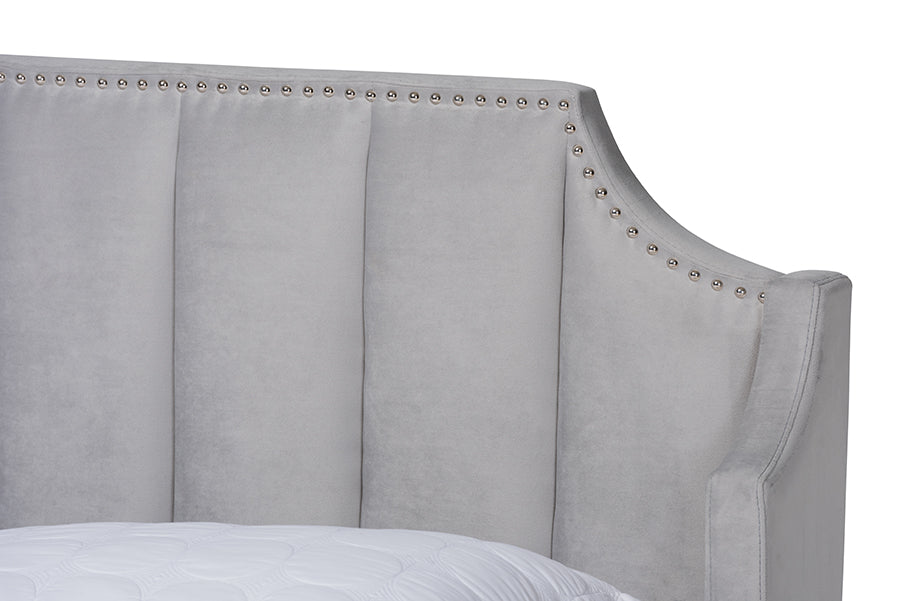 Baxton Studio Adelie Modern Glam Light Grey Velvet Fabric Upholstered Walnut Brown Finished Wood King Size Wingback Platform Bed