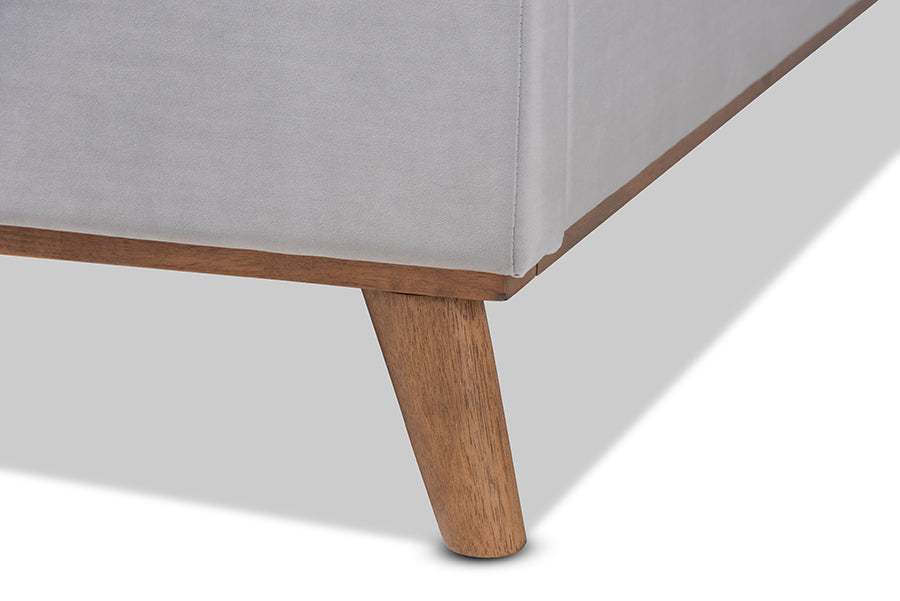 Baxton Studio Adelie Modern Glam Light Grey Velvet Fabric Upholstered Walnut Brown Finished Wood King Size Wingback Platform Bed