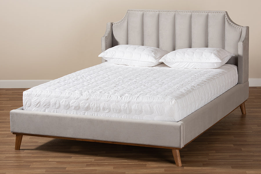 Baxton Studio Adelie Modern Glam Light Grey Velvet Fabric Upholstered Walnut Brown Finished Wood King Size Wingback Platform Bed