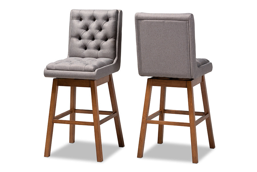 Baxton Studio Gregory Modern Transitional Grey Fabric Upholstered and Walnut Brown Finished Wood 2-Piece Swivel Bar Stool Set Set