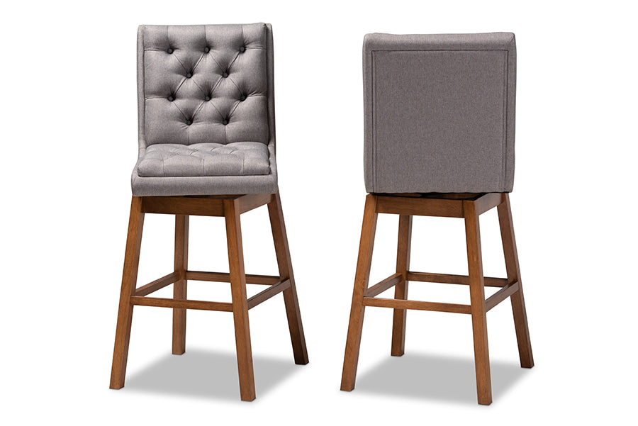 Baxton Studio Gregory Modern Transitional Grey Fabric Upholstered and Walnut Brown Finished Wood 2-Piece Swivel Bar Stool Set Set