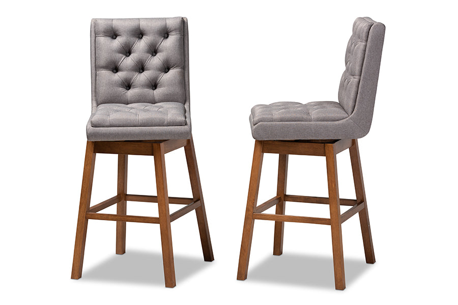 Baxton Studio Gregory Modern Transitional Grey Fabric Upholstered and Walnut Brown Finished Wood 2-Piece Swivel Bar Stool Set Set