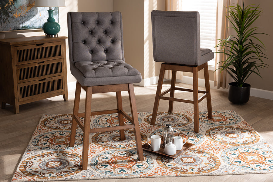 Baxton Studio Gregory Modern Transitional Grey Fabric Upholstered and Walnut Brown Finished Wood 2-Piece Swivel Bar Stool Set Set