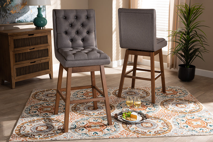 Baxton Studio Gregory Modern Transitional Grey Fabric Upholstered and Walnut Brown Finished Wood 2-Piece Swivel Bar Stool Set Set