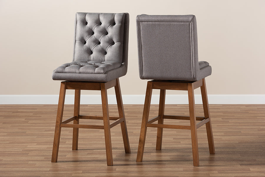 Baxton Studio Gregory Modern Transitional Grey Fabric Upholstered and Walnut Brown Finished Wood 2-Piece Swivel Bar Stool Set Set