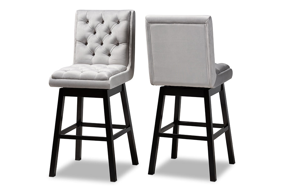 Baxton Studio Gregory Modern Transitional Light Grey Velvet Fabric Upholstered and Dark Brown Finished Wood 2-Piece Swivel Bar Stool Set Set