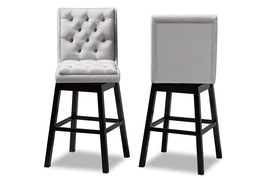Baxton Studio Gregory Modern Transitional Light Grey Velvet Fabric Upholstered and Dark Brown Finished Wood 2-Piece Swivel Bar Stool Set Set