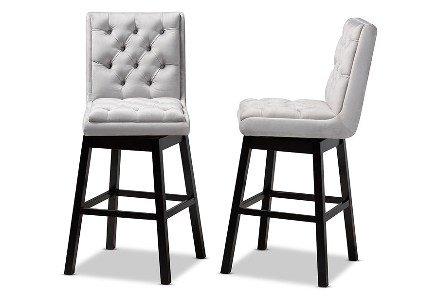 Baxton Studio Gregory Modern Transitional Light Grey Velvet Fabric Upholstered and Dark Brown Finished Wood 2-Piece Swivel Bar Stool Set Set