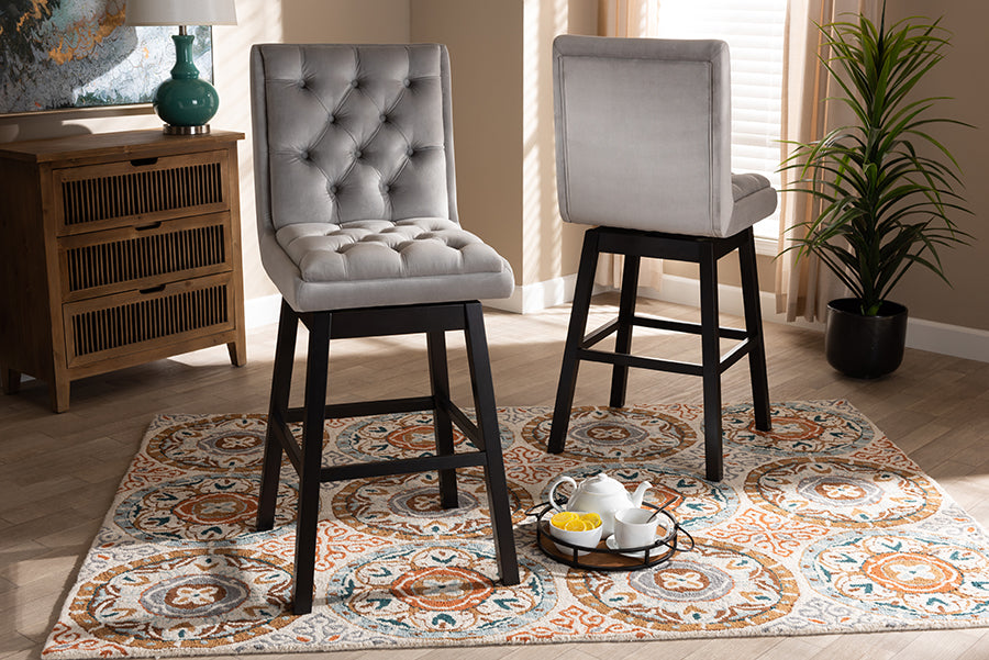 Baxton Studio Gregory Modern Transitional Light Grey Velvet Fabric Upholstered and Dark Brown Finished Wood 2-Piece Swivel Bar Stool Set Set