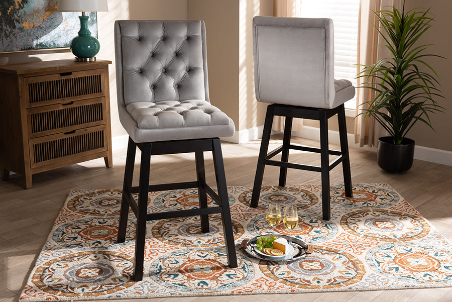 Baxton Studio Gregory Modern Transitional Light Grey Velvet Fabric Upholstered and Dark Brown Finished Wood 2-Piece Swivel Bar Stool Set Set