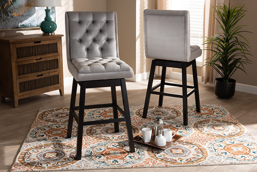 Baxton Studio Gregory Modern Transitional Light Grey Velvet Fabric Upholstered and Dark Brown Finished Wood 2-Piece Swivel Bar Stool Set Set