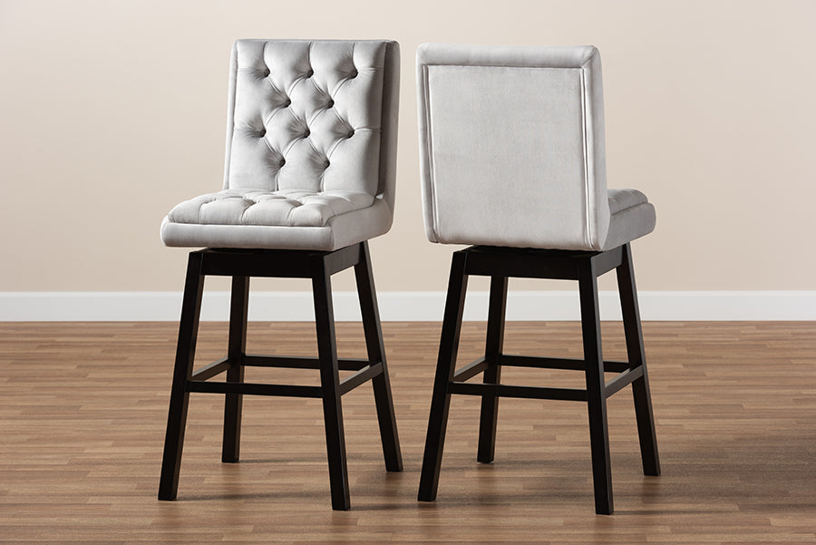 Baxton Studio Gregory Modern Transitional Light Grey Velvet Fabric Upholstered and Dark Brown Finished Wood 2-Piece Swivel Bar Stool Set Set