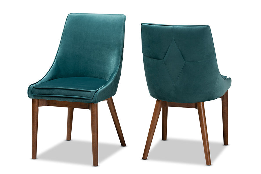 Baxton Studio Gilmore Modern and Contemporary Teal Velvet Fabric Upholstered and Walnut Brown Finished Wood 2-Piece Dining Chair Set Set