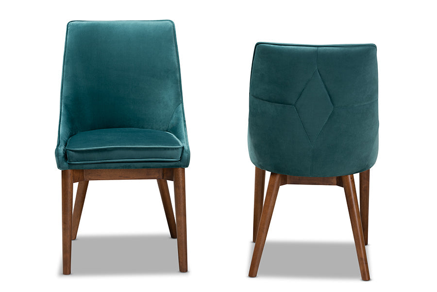 Baxton Studio Gilmore Modern and Contemporary Teal Velvet Fabric Upholstered and Walnut Brown Finished Wood 2-Piece Dining Chair Set Set