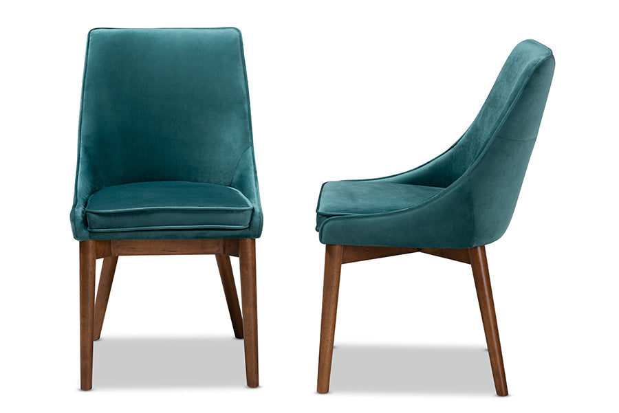 Baxton Studio Gilmore Modern and Contemporary Teal Velvet Fabric Upholstered and Walnut Brown Finished Wood 2-Piece Dining Chair Set Set