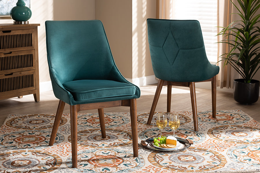 Baxton Studio Gilmore Modern and Contemporary Teal Velvet Fabric Upholstered and Walnut Brown Finished Wood 2-Piece Dining Chair Set Set