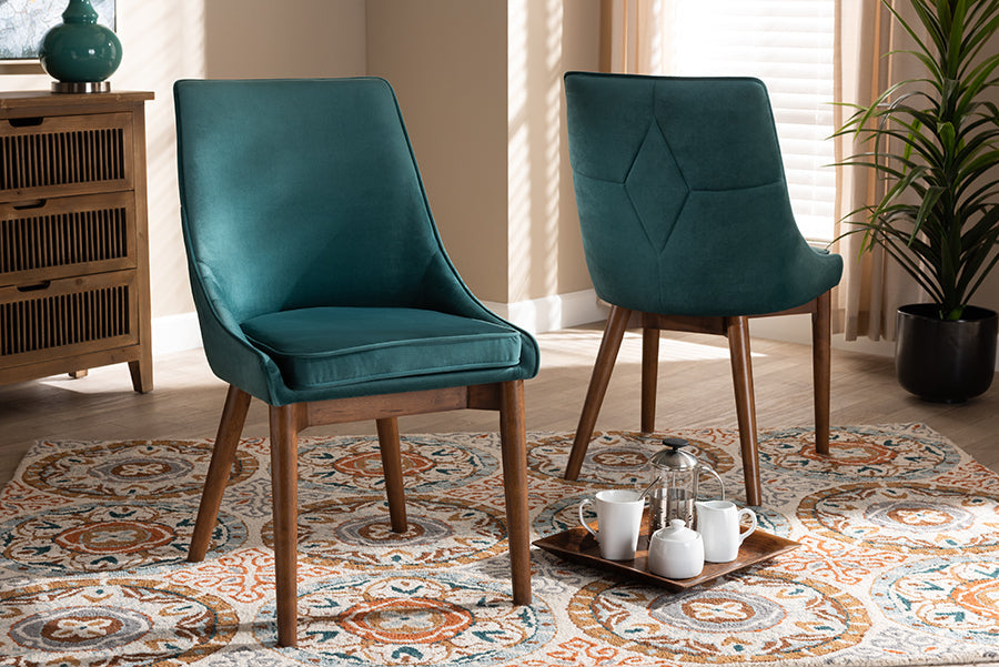 Baxton Studio Gilmore Modern and Contemporary Teal Velvet Fabric Upholstered and Walnut Brown Finished Wood 2-Piece Dining Chair Set Set