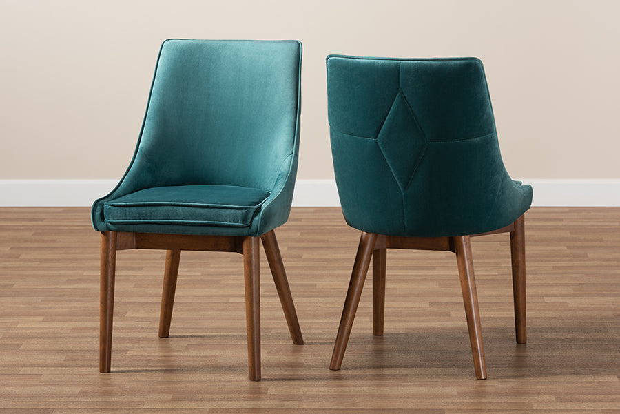 Baxton Studio Gilmore Modern and Contemporary Teal Velvet Fabric Upholstered and Walnut Brown Finished Wood 2-Piece Dining Chair Set Set
