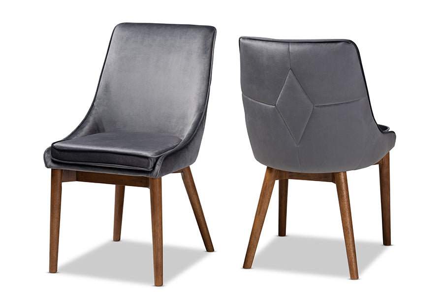 Baxton Studio Gilmore Modern and Contemporary Grey Velvet Fabric Upholstered and Walnut Brown Finished Wood 2-Piece Dining Chair Set Set