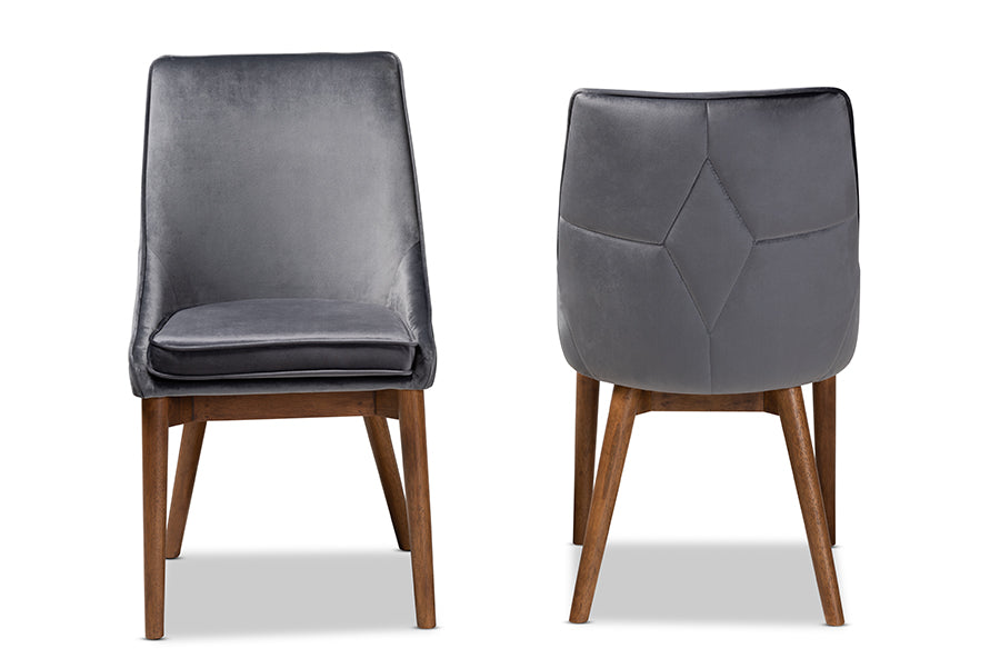 Baxton Studio Gilmore Modern and Contemporary Grey Velvet Fabric Upholstered and Walnut Brown Finished Wood 2-Piece Dining Chair Set Set