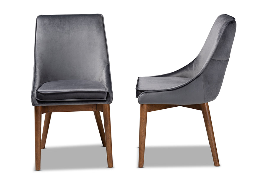 Baxton Studio Gilmore Modern and Contemporary Grey Velvet Fabric Upholstered and Walnut Brown Finished Wood 2-Piece Dining Chair Set Set