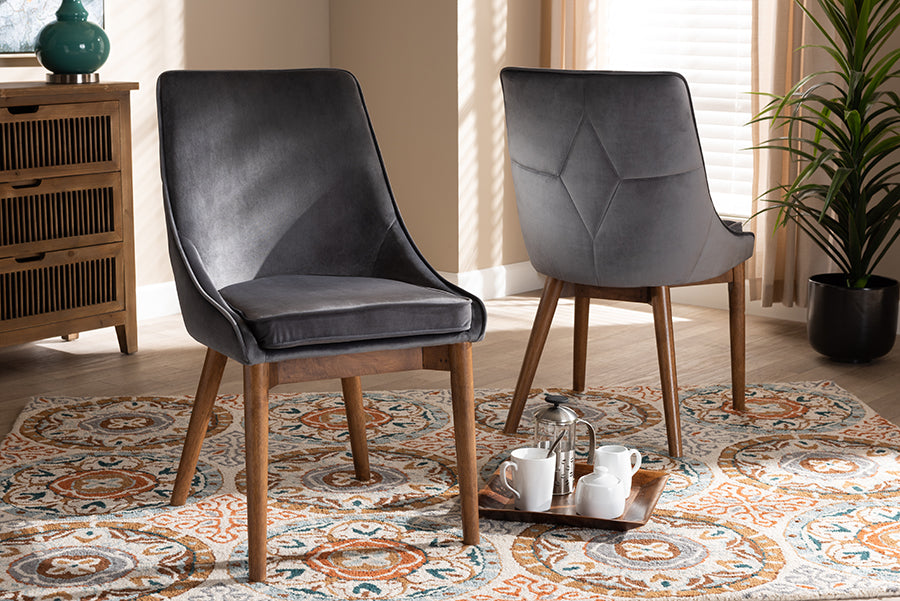 Baxton Studio Gilmore Modern and Contemporary Grey Velvet Fabric Upholstered and Walnut Brown Finished Wood 2-Piece Dining Chair Set Set