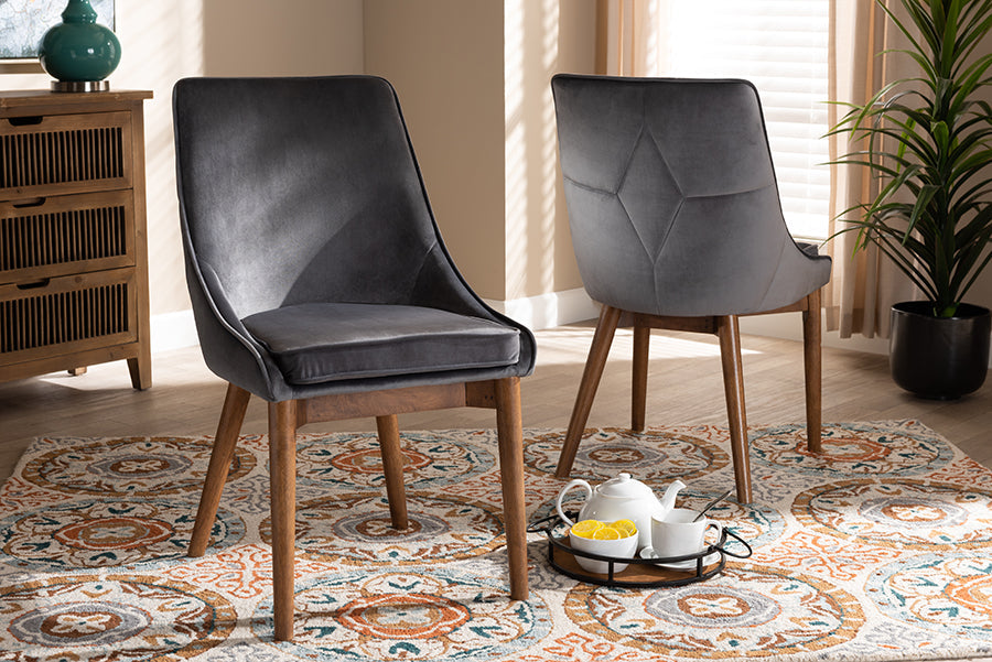 Baxton Studio Gilmore Modern and Contemporary Grey Velvet Fabric Upholstered and Walnut Brown Finished Wood 2-Piece Dining Chair Set Set