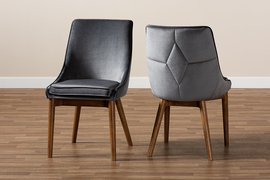 Baxton Studio Gilmore Modern and Contemporary Grey Velvet Fabric Upholstered and Walnut Brown Finished Wood 2-Piece Dining Chair Set Set