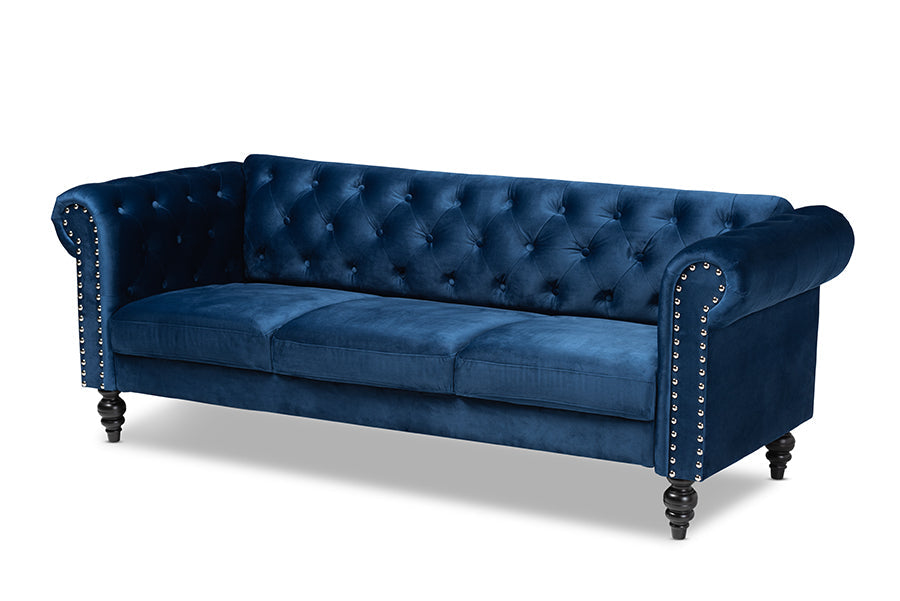 Baxton Studio Emma Traditional and Transitional Navy Blue Velvet Fabric Upholstered and Button Tufted Chesterfield Sofa