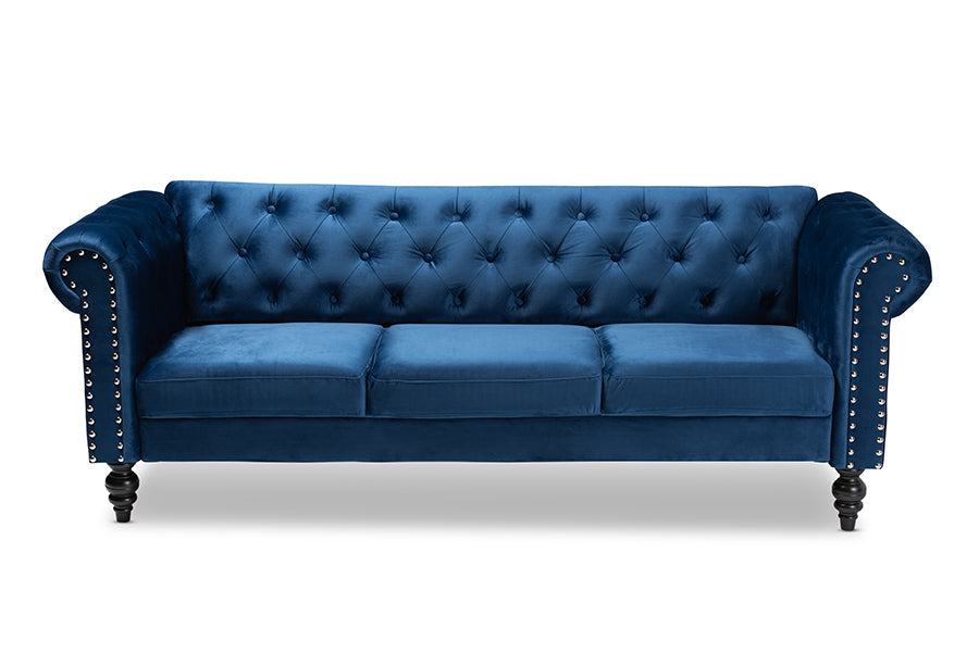 Baxton Studio Emma Traditional and Transitional Navy Blue Velvet Fabric Upholstered and Button Tufted Chesterfield Sofa