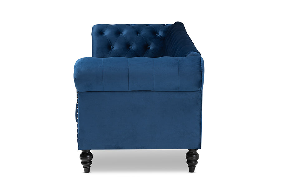 Baxton Studio Emma Traditional and Transitional Navy Blue Velvet Fabric Upholstered and Button Tufted Chesterfield Sofa